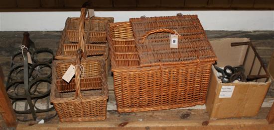 Wicker hamper, one wrought iron +  two wicker bottle carriers, wrought iron grappling hooks, flat irons, snaffle bit etc